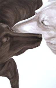 Brother, Dog Studies, high contrast black acrylic painting of two dogs muzzle to muzzle, Elizabeth Lisa Petrulis