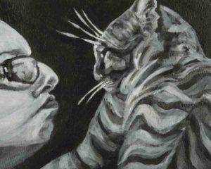 Intimate self portrait close up of annoyed cat and human, black and white acrylic on black ground.