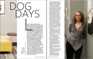Pages 45 and 46 from Terre Haute Living Magazine, May 2014. Showing text "Dog Days" by Steve Kash, and images, by Jessica Bolton, of Elizabeth Petrulis and her paintings on the walls of Rose-Hulman Institute of Technology.