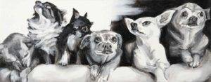 Black and white horizontal painting of six chihuahua dogs by Elizabeth Lisa Petrulis