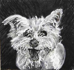 Butterscotch, a fluffy white dog, is drawn with felt tip paint pens. Looking forward with mouth open tongue out and fur going every which way. Artist Elizabeth Lisa Petrulis.