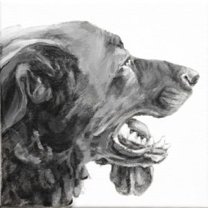 Mookie's long tongue hangs to the opposite side of this profile portrait of a Retriever type mutt. Painted in black and white by Elizabeth Lisa Petrulis.