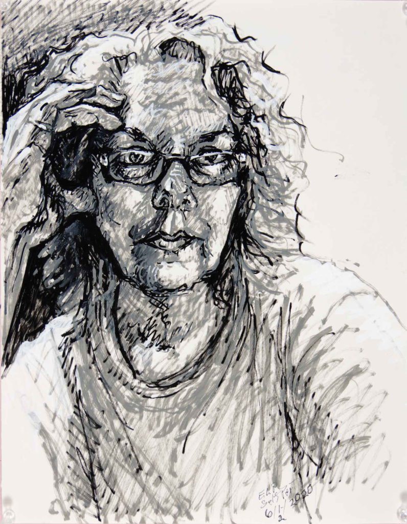 Self portrait  loosely drawn in paint pen markers, 2020, looking strait at you with glasses, hand- thumb and fingers touching side of face and wavy hair.