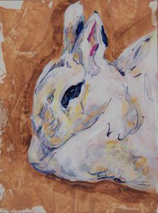 Bunny Study 3, 2021, a small color brushed and knifed acrylic painted rabbit portrait featuring delicate lines with sienna and yellow, by Elizabeth Lisa Petrulis