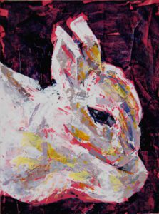 Bunny Study 2, 2021, a small color and knifed acrylic painted rabbit portrait featuring hot pink, by Elizabeth Lisa Petrulis