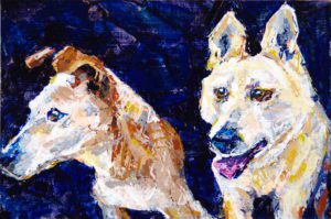 Ears (2 dogs) knife n color study 1, 2021, acrylic on rag board, 6" x 9”, Elizabeth Lisa Petrulis
