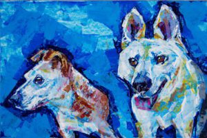 Ears (2dogs) 2, 2021, a double dog portrait study painted in color acrylic with a knife , by Elizabeth Lisa Petrulis