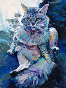 Fluffy cat, 2021, a knife painted portrait of a grooming cat in color acrylics, by Elizabeth Lisa Petrulis