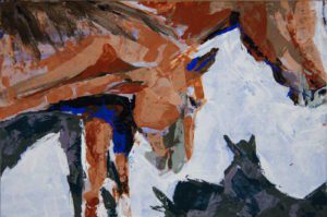 Horse Shadows knife n color study 1, 2021, acrylic on rag board featuring two horses and others' shadows, by Elizabeth Lisa Petrulis