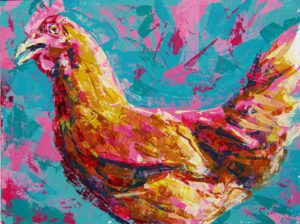 Chicken side view, 2021, a chicken portrait study in knifed color acrylics, by Elizabeth Lisa Petrulis