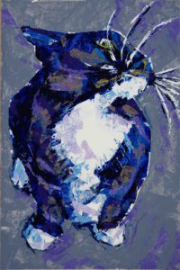 Swirl (cat whiskers), 2021, a color knife painting of a tuxedo cat, by Elizabeth Lisa Petrulis