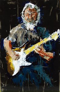 Ned on guitar, a loosely knife-applied acrylic painted portrait of a white-haired guitar player. This is my husband, Ned Tennis, with an unruly covid hair.