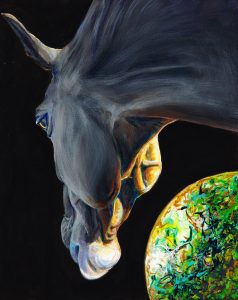 portrait of a horse in the dark with the warm glow of a green swirling planet like orb brightening its underjaw and reflecting in its eye
