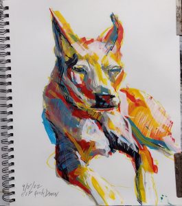 A quickly and loosely drawn portrait of a snoozing dog, mostly in primary colors with wide acrylic markers by Elizabeth Lisa Petrulis.