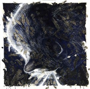 Eclipse a large dark drawing of a curled sleeping cat with one slivered edge brightly lit by the sun, canvas feathers strewn everywhere and caught in its whiskers. Mixed media collage by Elizabeth Lisa Petrulis.